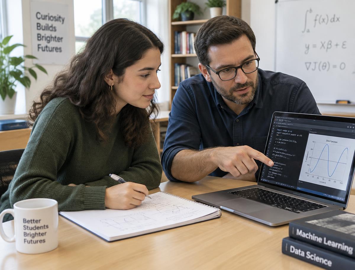 A tutor explaining equations and Python code to a student